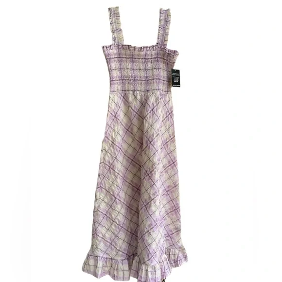NWT Boston Proper Smocked Plaid Seersucker Dress In Lilac‎ And White. so … - Picture 7 of 15